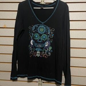 Cruel Skull Sugar Skull Design Long Sleeve V Neck Shirt Women's Size L Black